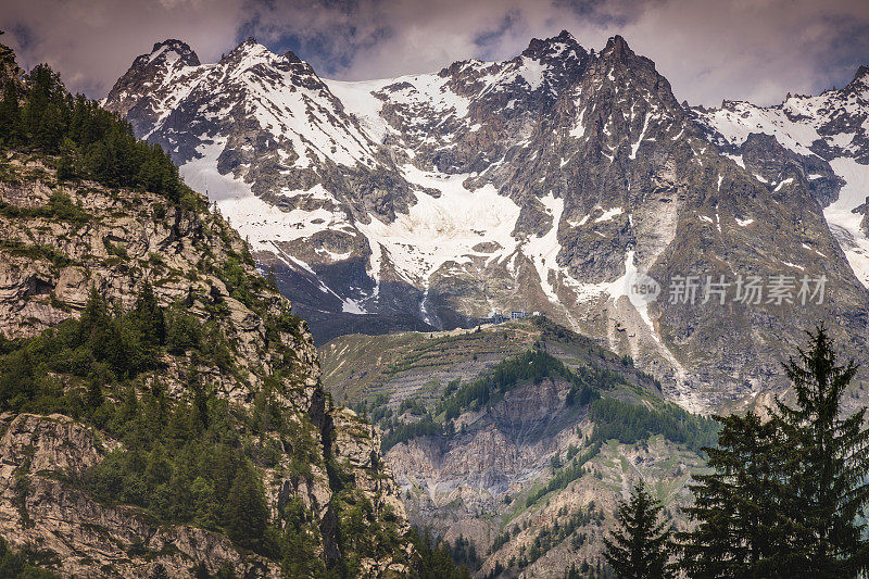 Snowcapped Dent du Géant, Mont Blanc Massif and glaciers – Italian alps side